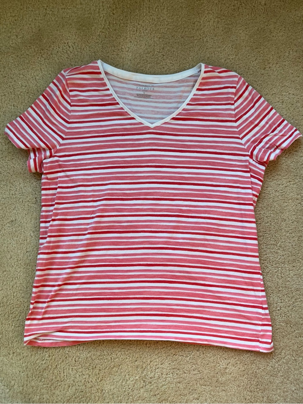 Talbots Women’s Coral & White Striped V-Neck Tee Shirt - Plus Size 1X - VGUC